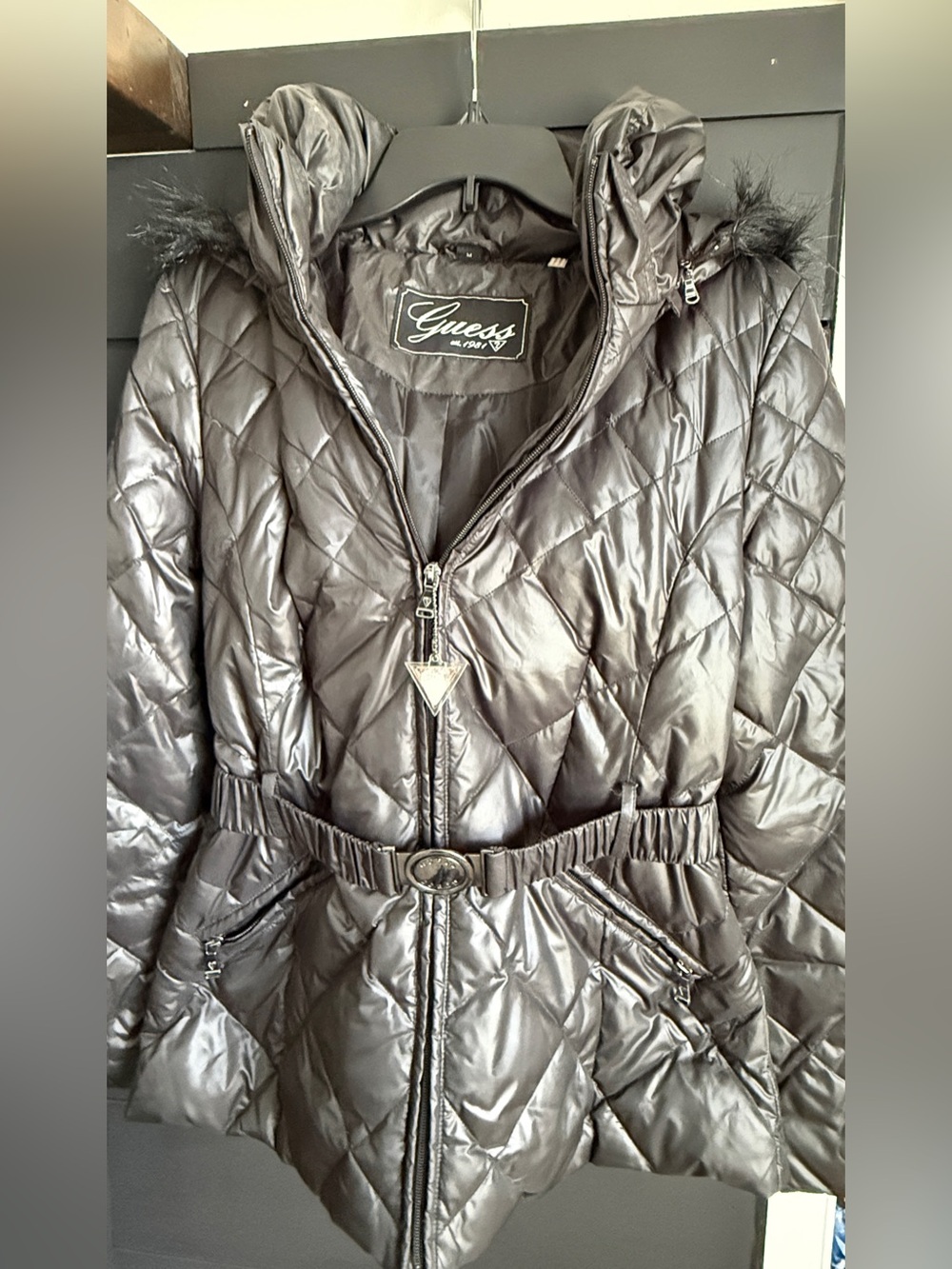 Guess Quilted Black Belted Puffer Coat with Hood